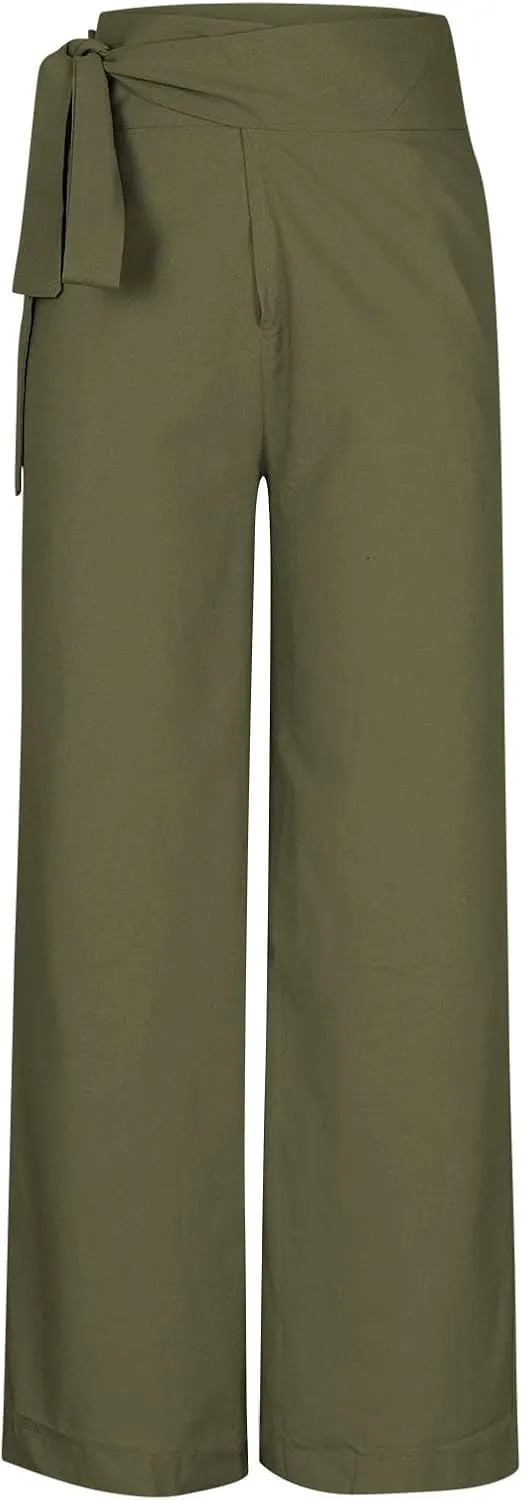 Cotton Linen Palazzo Pants for Women Fashion Side Paperbag Wide Leg Pants Casual Loose Elegant Solid Irregular Trousers