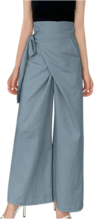 Cotton Linen Palazzo Pants for Women Fashion Side Paperbag Wide Leg Pants Casual Loose Elegant Solid Irregular Trousers