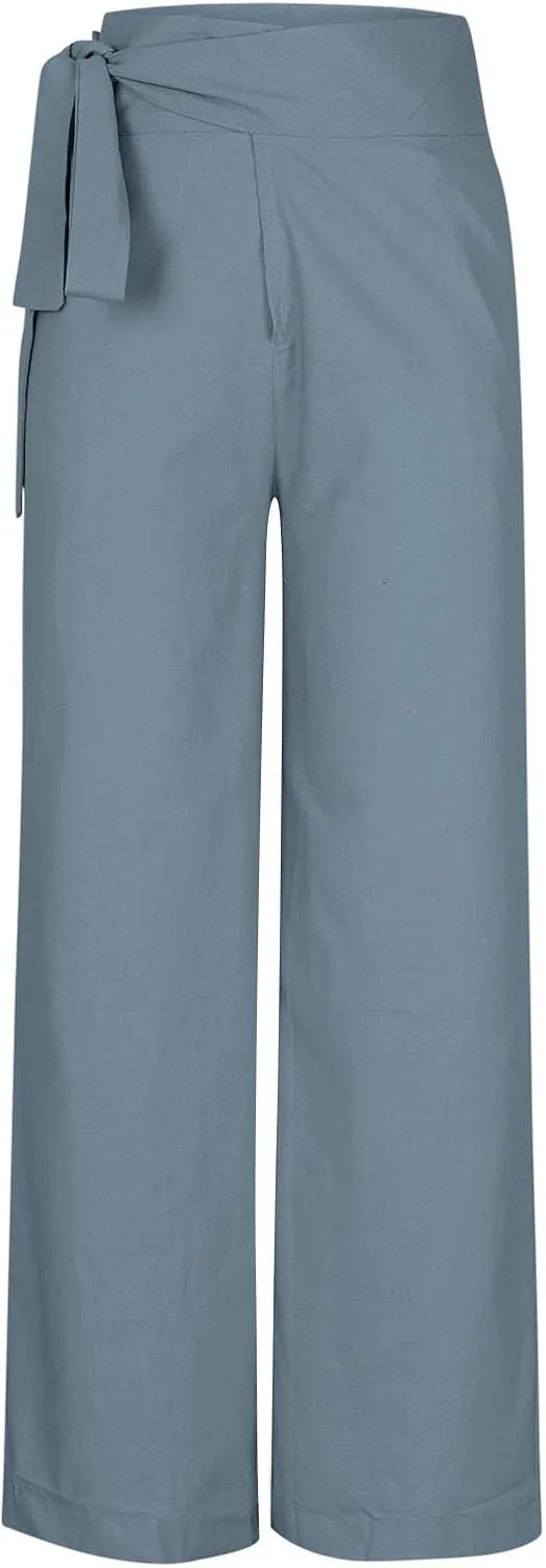 Cotton Linen Palazzo Pants for Women Fashion Side Paperbag Wide Leg Pants Casual Loose Elegant Solid Irregular Trousers