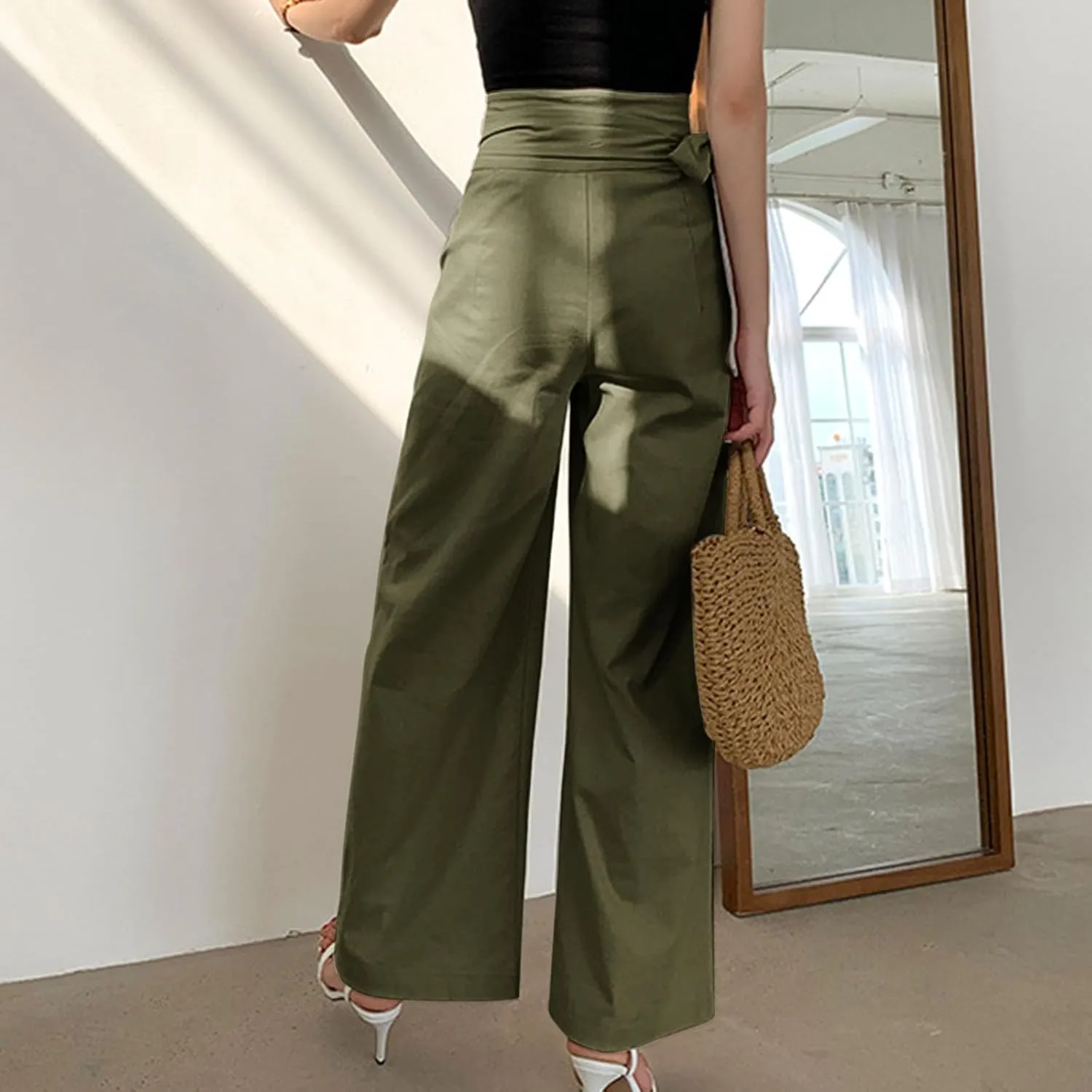 Cotton Linen Palazzo Pants for Women Fashion Side Paperbag Wide Leg Pants Casual Loose Elegant Solid Irregular Trousers