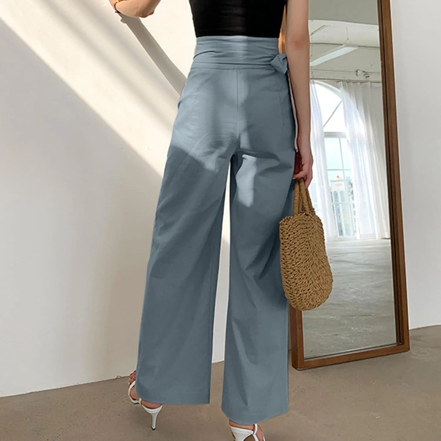 Cotton Linen Palazzo Pants for Women Fashion Side Paperbag Wide Leg Pants Casual Loose Elegant Solid Irregular Trousers
