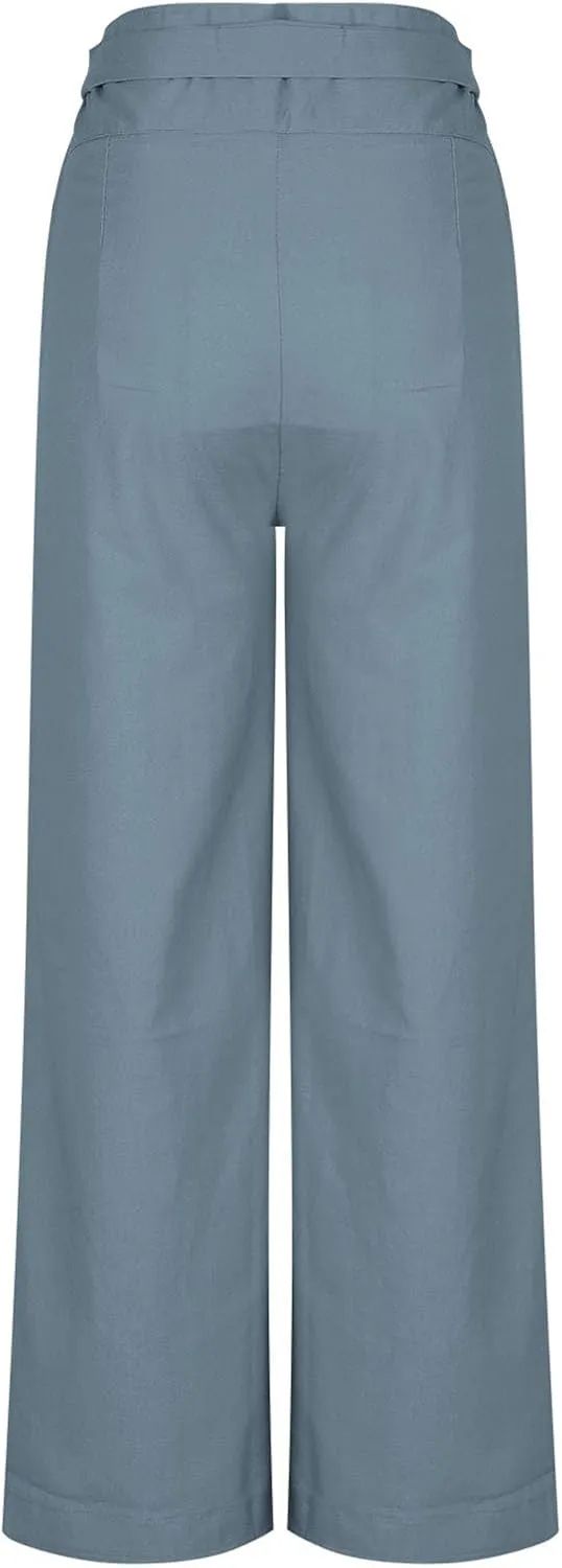 Cotton Linen Palazzo Pants for Women Fashion Side Paperbag Wide Leg Pants Casual Loose Elegant Solid Irregular Trousers