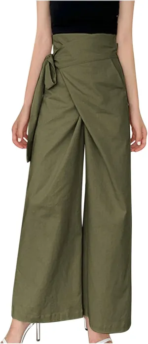 Cotton Linen Palazzo Pants for Women Fashion Side Paperbag Wide Leg Pants Casual Loose Elegant Solid Irregular Trousers
