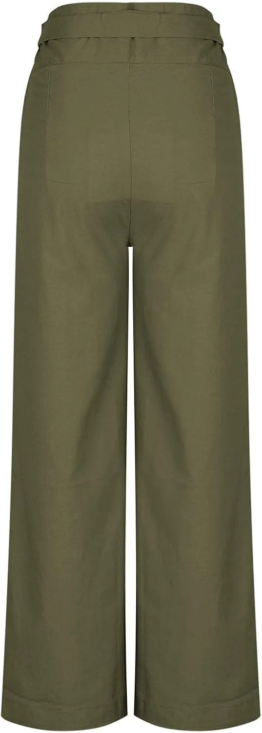 Cotton Linen Palazzo Pants for Women Fashion Side Paperbag Wide Leg Pants Casual Loose Elegant Solid Irregular Trousers
