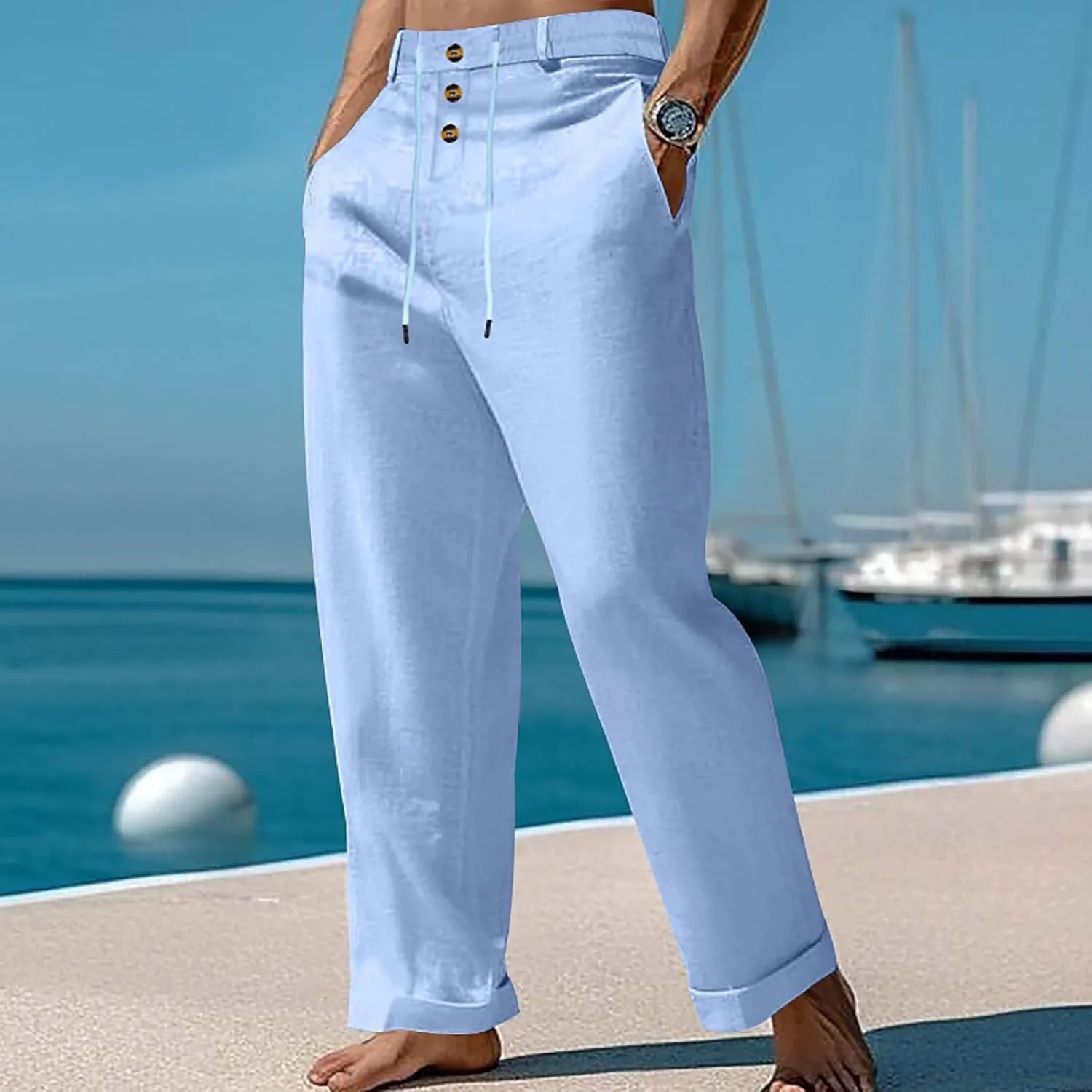 Cotton Linen Pants for Men Elastic Waist Button Down Casual Lightweight Loose Fit Trousers Summer Beach Yoga Pants