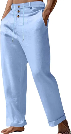 Cotton Linen Pants for Men Elastic Waist Button Down Casual Lightweight Loose Fit Trousers Summer Beach Yoga Pants