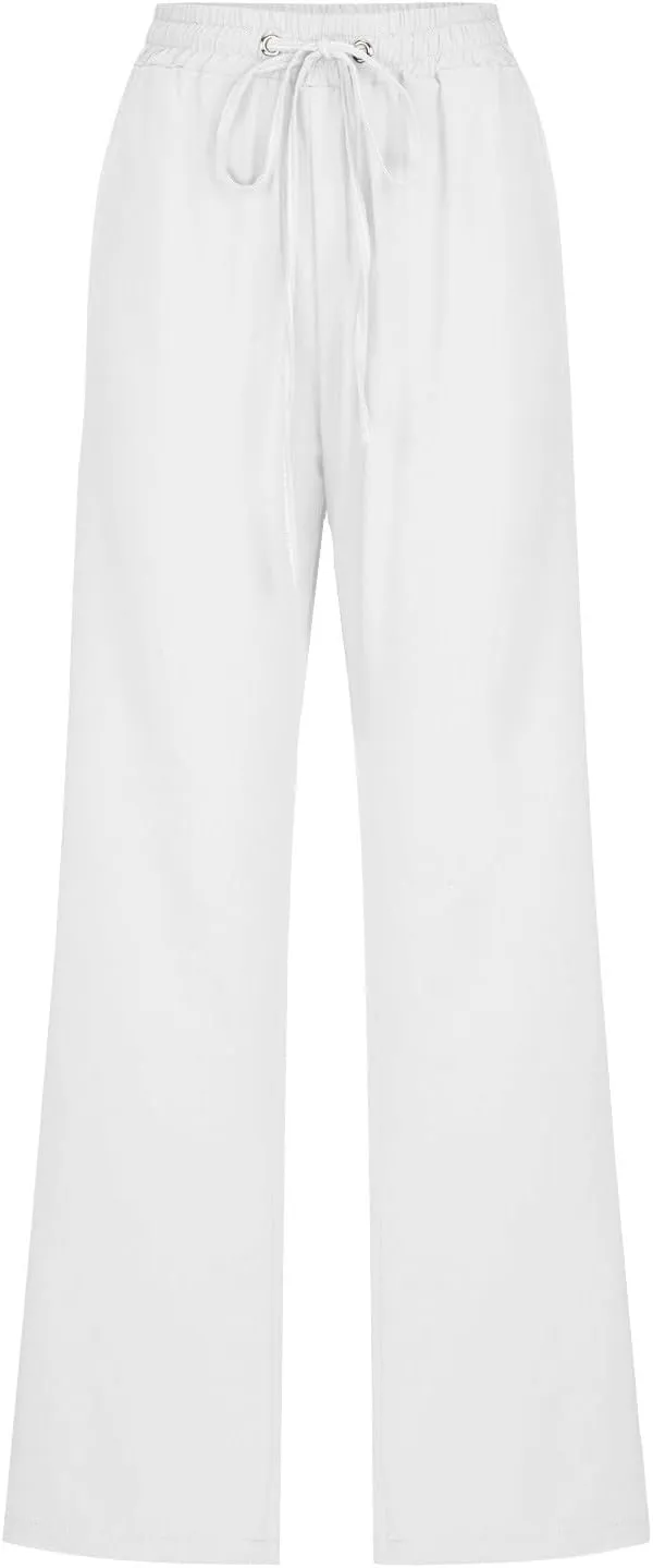 Cotton Linen Pants for Women Dressy Casual High Waisted Drawstring Pant Causal Summer Straight Leg Lounge Trousers