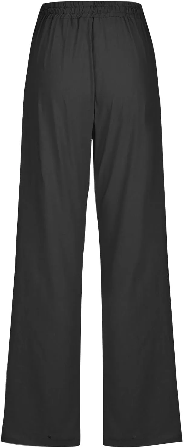 Cotton Linen Pants for Women Dressy Casual High Waisted Drawstring Pant Causal Summer Straight Leg Lounge Trousers