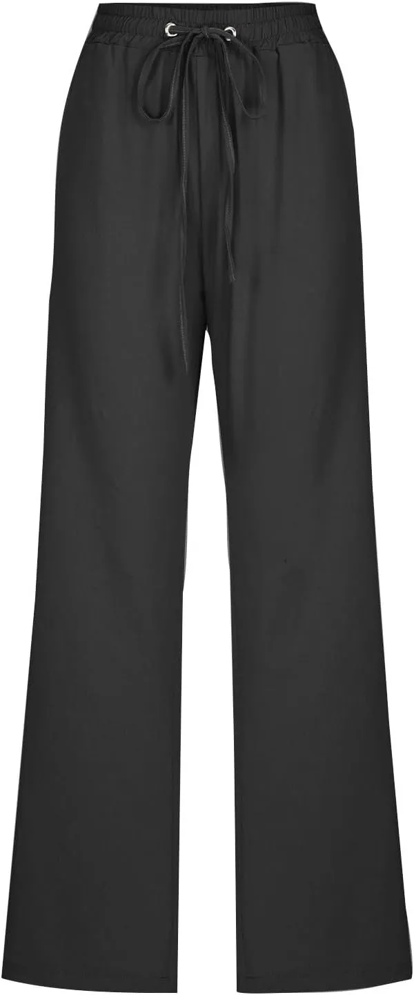 Cotton Linen Pants for Women Dressy Casual High Waisted Drawstring Pant Causal Summer Straight Leg Lounge Trousers