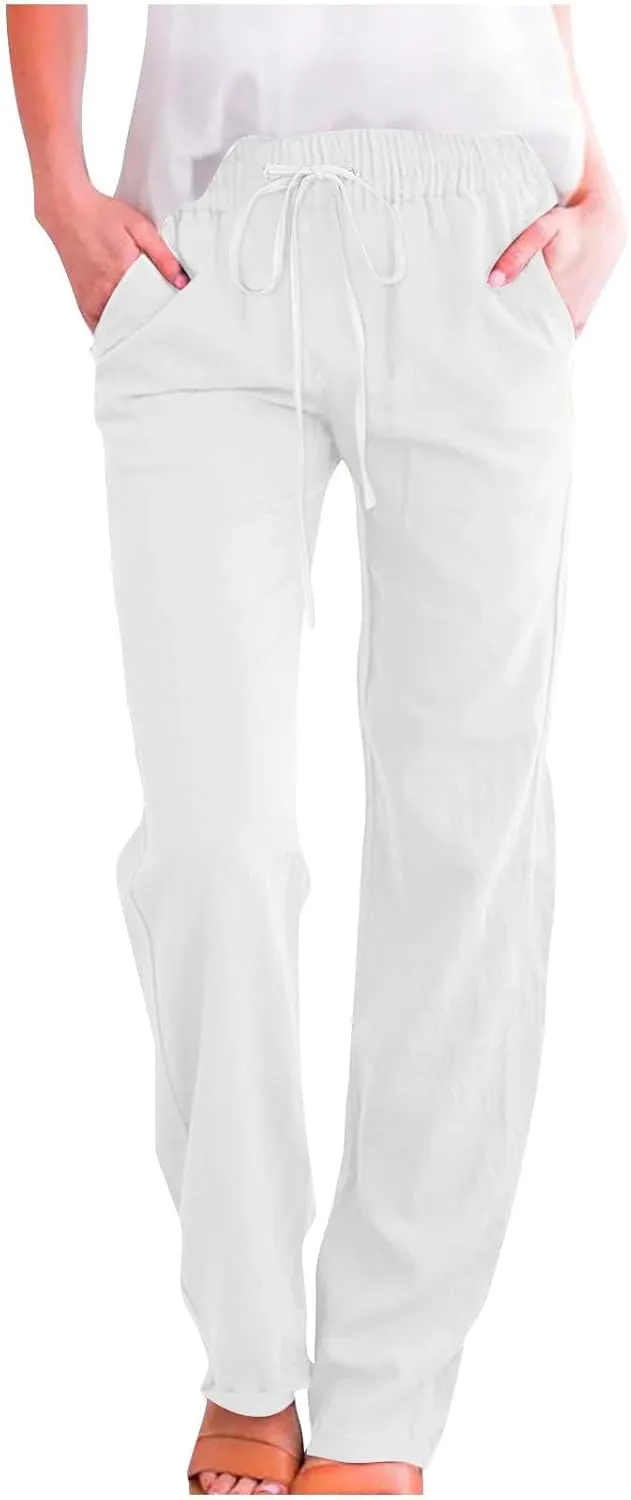 Cotton Linen Pants for Women Dressy Casual High Waisted Drawstring Pant Causal Summer Straight Leg Lounge Trousers