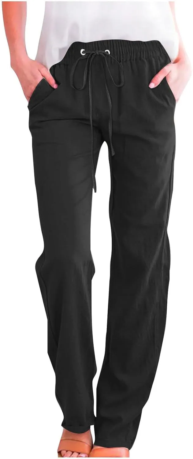 Cotton Linen Pants for Women Dressy Casual High Waisted Drawstring Pant Causal Summer Straight Leg Lounge Trousers