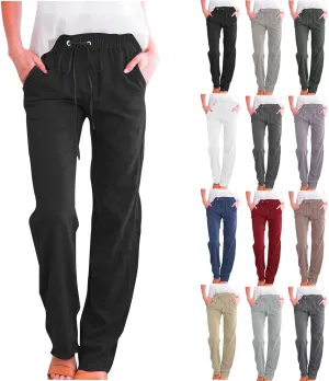 Cotton Linen Pants for Women Dressy Casual High Waisted Drawstring Pant Causal Summer Straight Leg Lounge Trousers