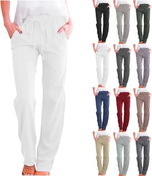 Cotton Linen Pants for Women Dressy Casual High Waisted Drawstring Pant Causal Summer Straight Leg Lounge Trousers