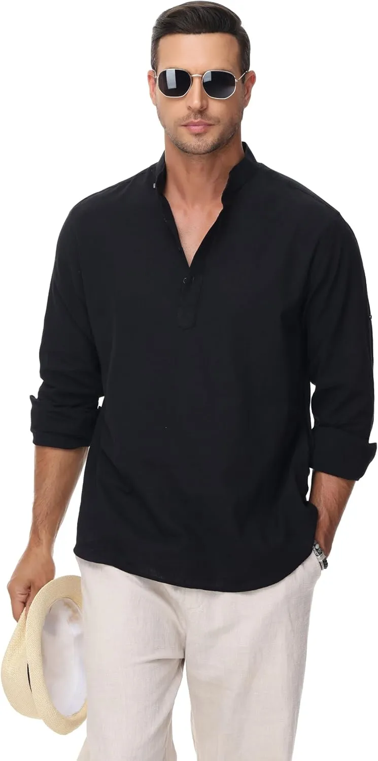 Cotton Linen Shirts for Men Lightweight Casual Long Sleeve Henley Beach Hawaiian Tops