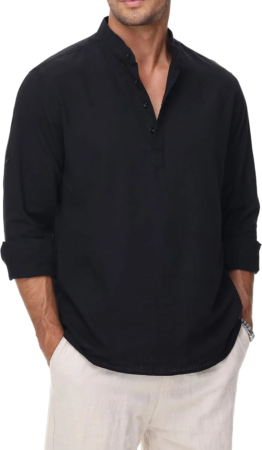 Cotton Linen Shirts for Men Lightweight Casual Long Sleeve Henley Beach Hawaiian Tops