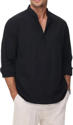Cotton Linen Shirts for Men Lightweight Casual Long Sleeve Henley Beach Hawaiian Tops