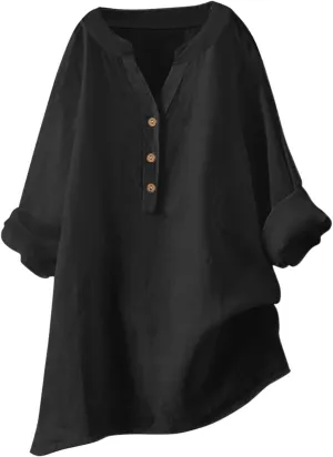 Cotton Linen Shirts for Women Summer 3/4 Sleeve Tops Casual V Neck Basic Tee Plus Size Henley Blouses Trendy Outfits