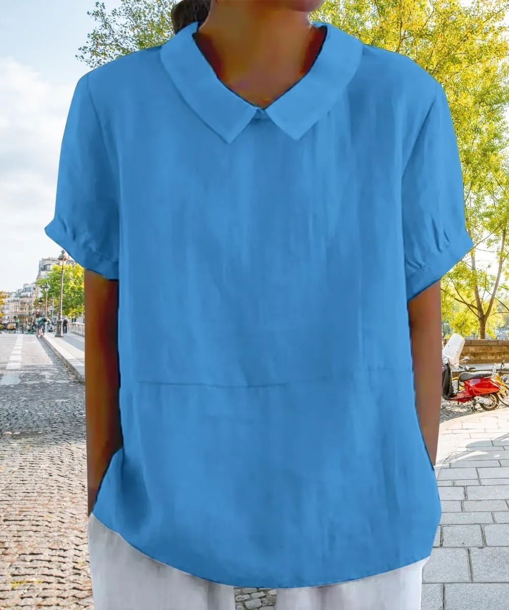Cotton Linen Shirts for Women Summer Short Sleeve Casual Collared Work Blouse Tunic Tos