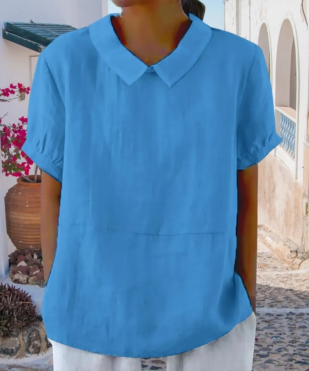 Cotton Linen Shirts for Women Summer Short Sleeve Casual Collared Work Blouse Tunic Tos