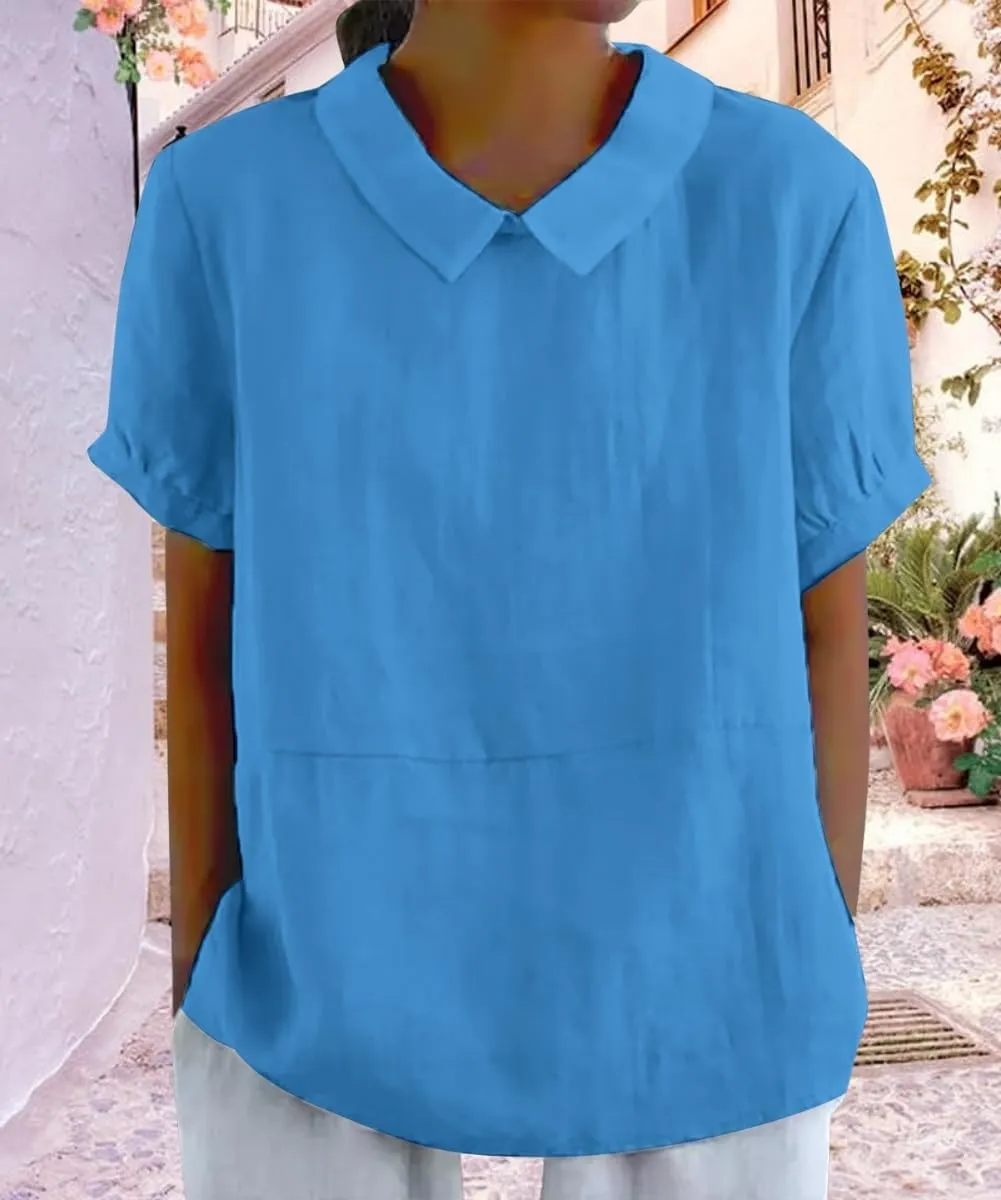 Cotton Linen Shirts for Women Summer Short Sleeve Casual Collared Work Blouse Tunic Tos