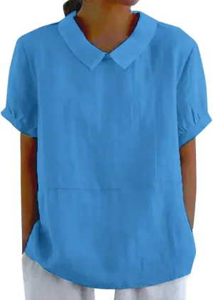 Cotton Linen Shirts for Women Summer Short Sleeve Casual Collared Work Blouse Tunic Tos