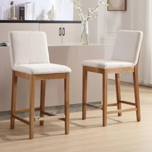 Counter Height Bar Stools Set of 2 Linen Fabric Upholstered Kitchen Island Stools with Back 26 Inch Mid Century Rectangle Wood Barstool for Dining Room/Home Bar/Patio, Beige