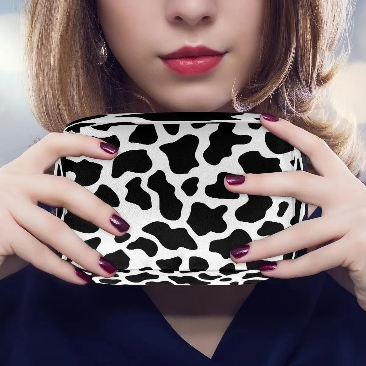 Cow Print Small Makeup Bag Travel Cosmetic Bag Wide-Open Travel Toiletry Bag For Women Cute Small Makeup Bag For Purse Polyester Zipper Portable Waterproof