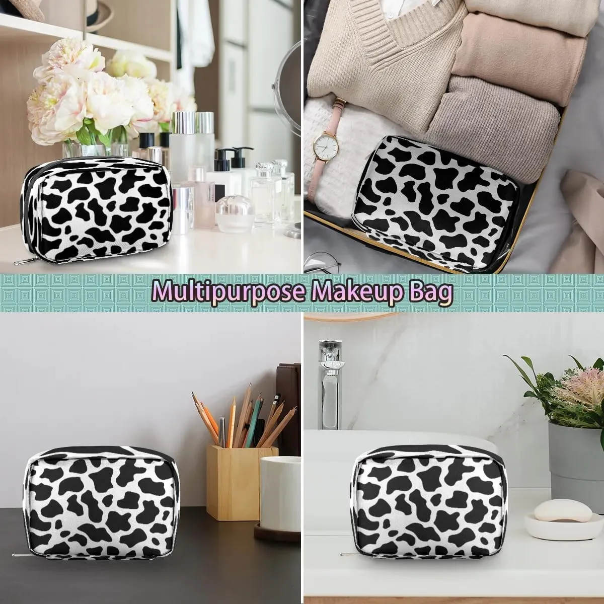 Cow Print Small Makeup Bag Travel Cosmetic Bag Wide-Open Travel Toiletry Bag For Women Cute Small Makeup Bag For Purse Polyester Zipper Portable Waterproof