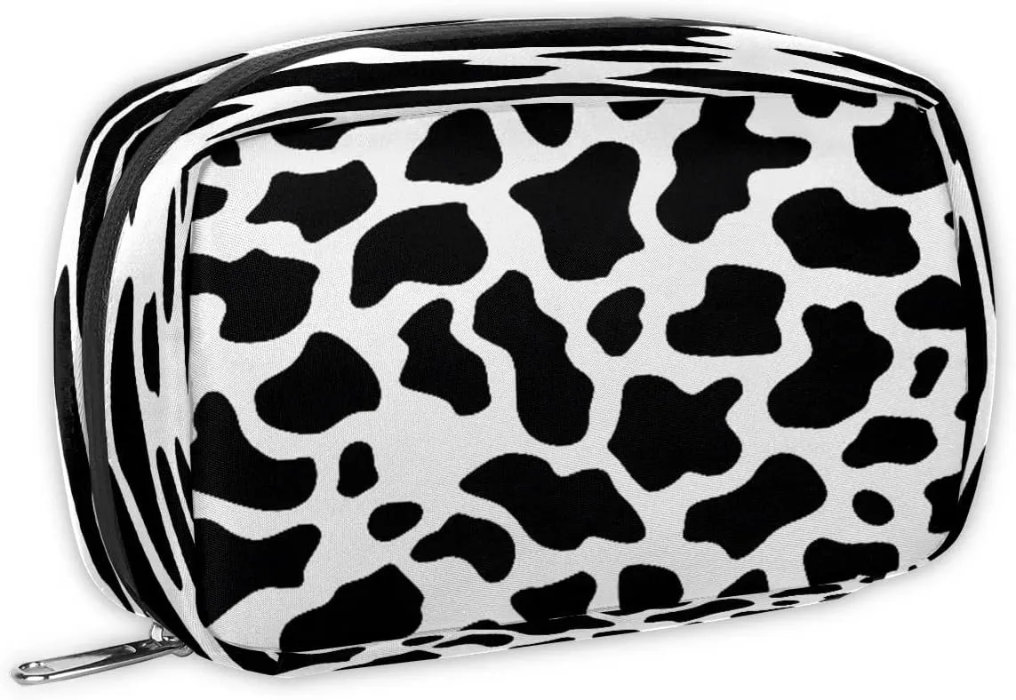 Cow Print Small Makeup Bag Travel Cosmetic Bag Wide-Open Travel Toiletry Bag For Women Cute Small Makeup Bag For Purse Polyester Zipper Portable Waterproof