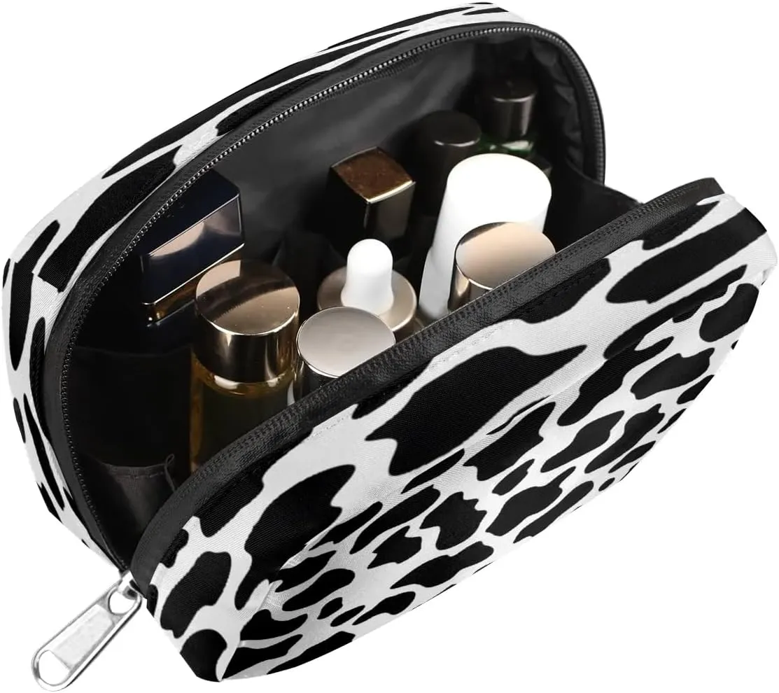Cow Print Small Makeup Bag Travel Cosmetic Bag Wide-Open Travel Toiletry Bag For Women Cute Small Makeup Bag For Purse Polyester Zipper Portable Waterproof