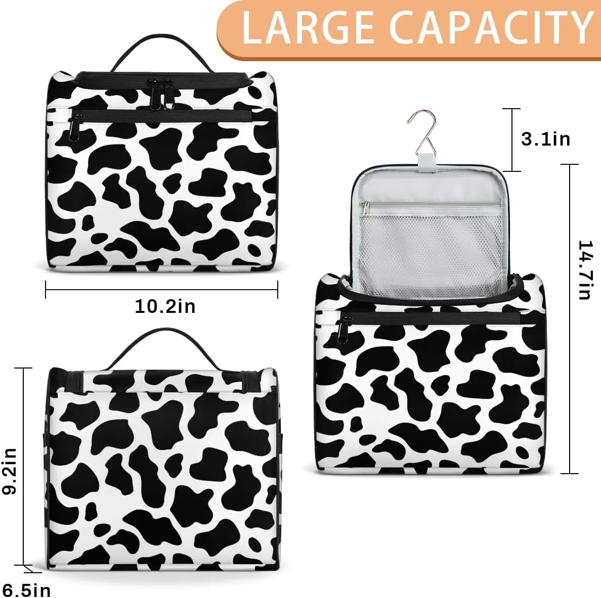 Cow Print Western Travel Toiletry Bag for Men and Women, Large Hanging Makeup Bag Organizer Toiletries Bag for Travel, Cosmetic Bag with Handle