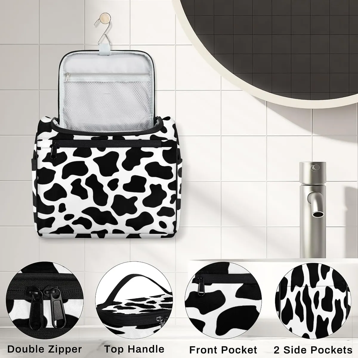 Cow Print Western Travel Toiletry Bag for Men and Women, Large Hanging Makeup Bag Organizer Toiletries Bag for Travel, Cosmetic Bag with Handle