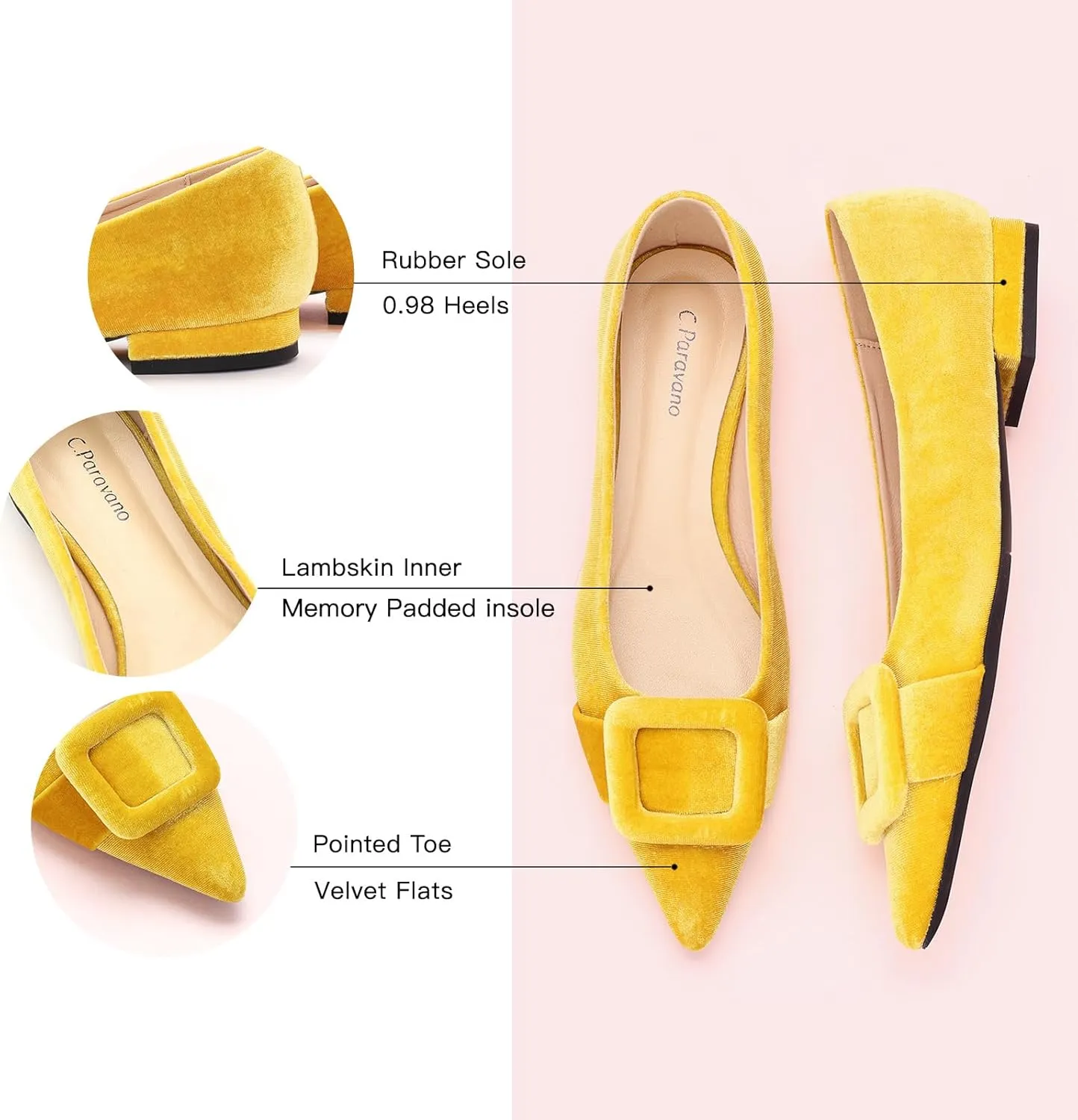 C.Paravano Women's Flats Velvet Pointed Toe Flats Slip-On Casual Work Shoes for Daily Wear Comfortable Stylish Ballet Flats