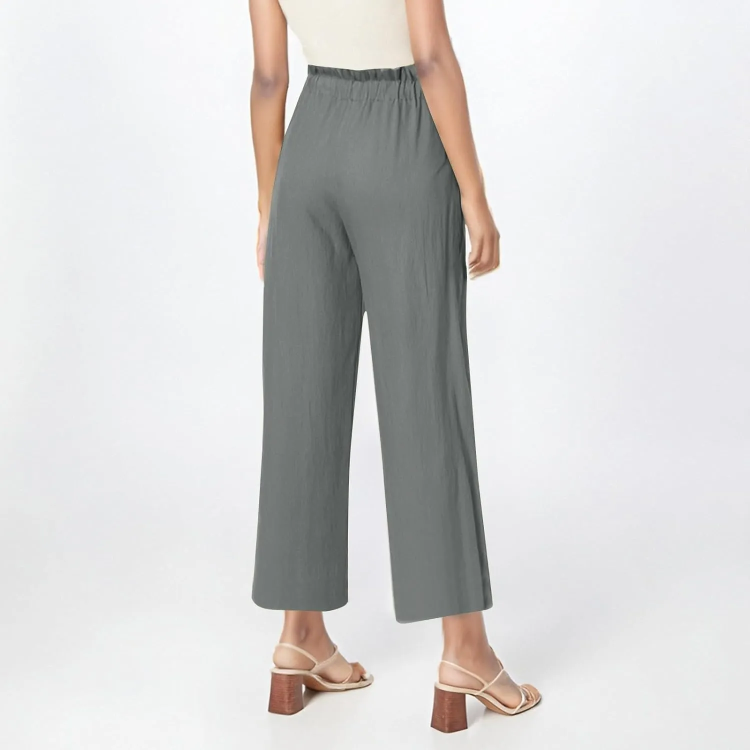 Cropped Linen Pants Women Drawstring Elastic Waist Wide Leg Palazzo Pants with Pockets Casual Flowy Boho Beach Pant