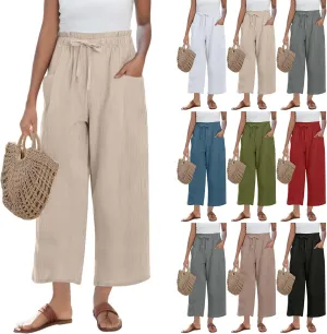 Cropped Linen Pants Women Drawstring Elastic Waist Wide Leg Palazzo Pants with Pockets Casual Flowy Boho Beach Pant