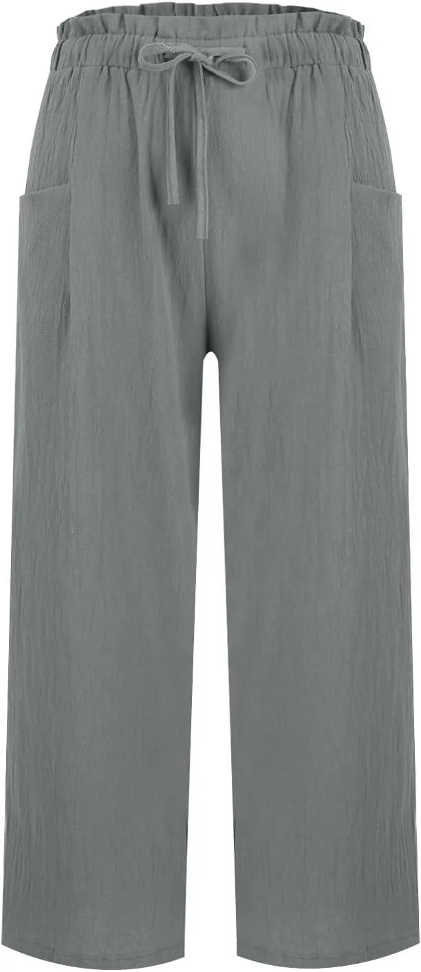 Cropped Linen Pants Women Drawstring Elastic Waist Wide Leg Palazzo Pants with Pockets Casual Flowy Boho Beach Pant