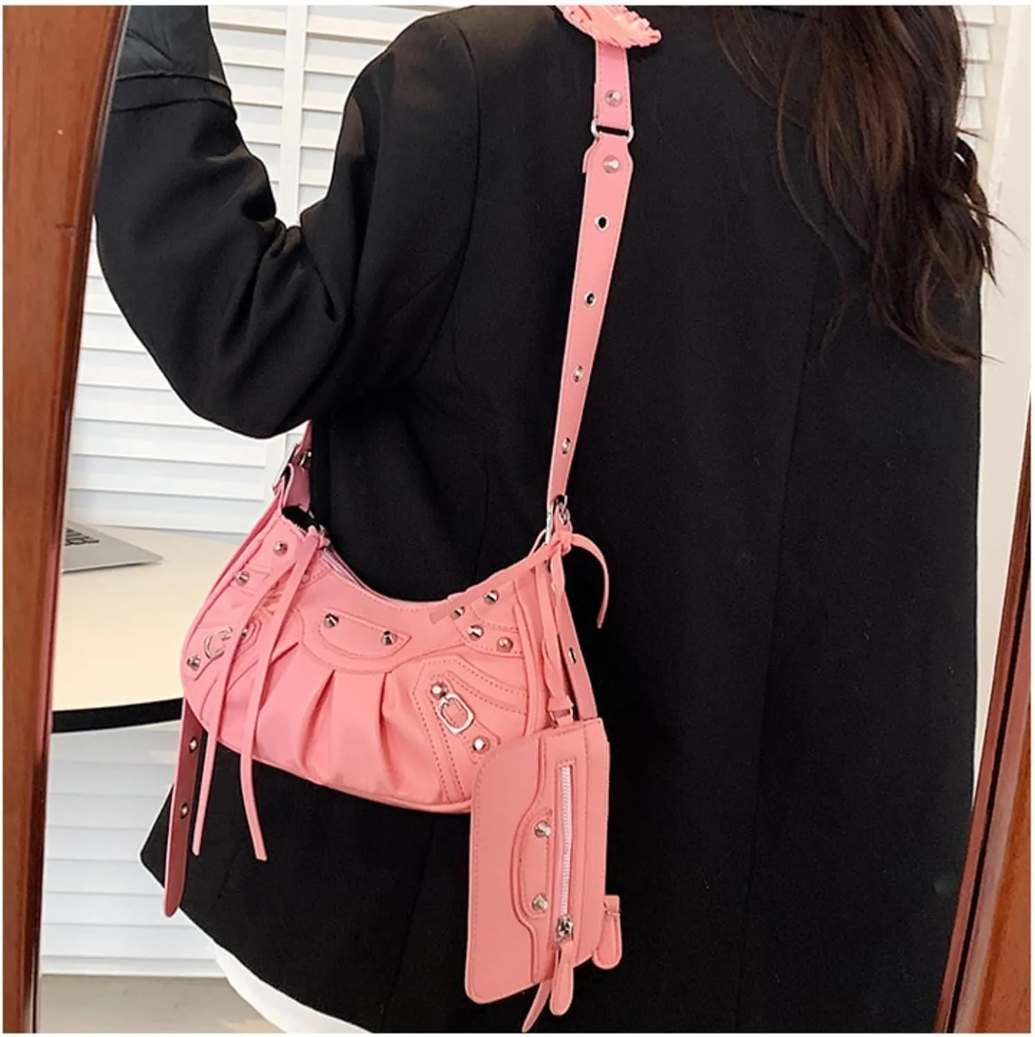 Crossbody Bags For Women 2 Set with Small Purse Rivet Shoulder Bag Adjustable Strap PU Leather Trendy Handbags