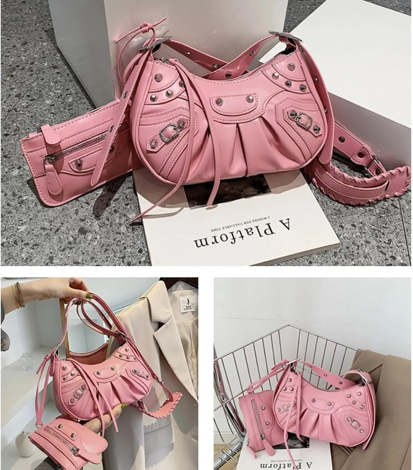 Crossbody Bags For Women 2 Set with Small Purse Rivet Shoulder Bag Adjustable Strap PU Leather Trendy Handbags