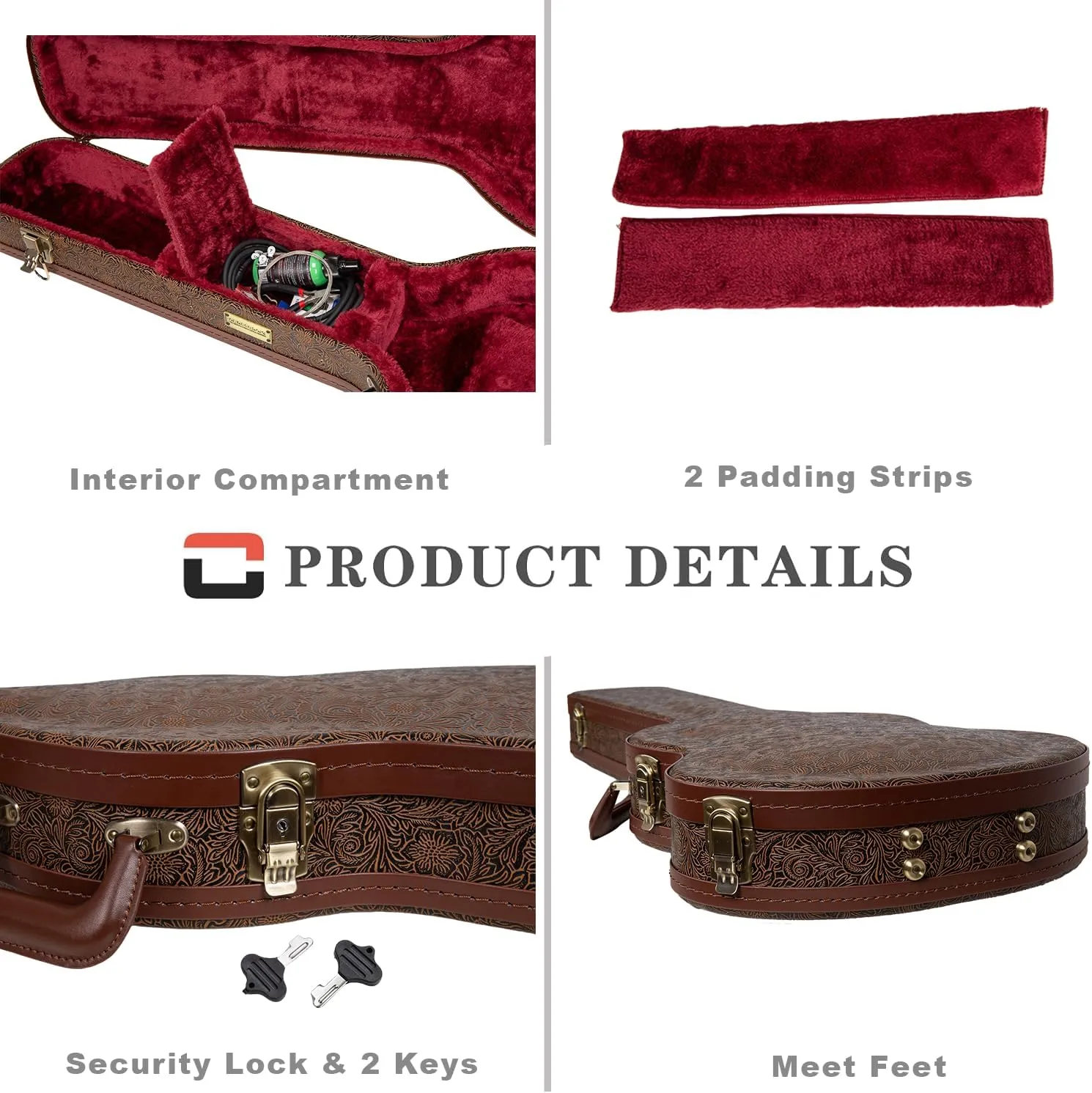 Crossrock Wooden Electric Guitar Case for Gibson SG | Blossom Brown Faux Leather, Burgundy Velvet Interior, Lock – Designer Series