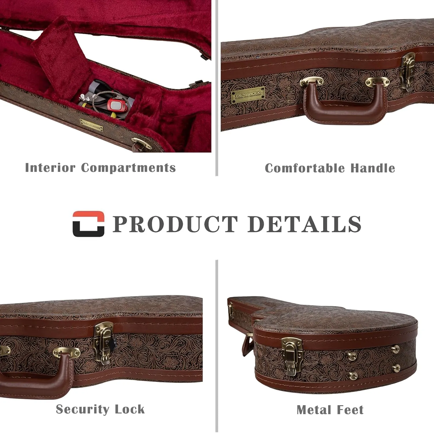 Crossrock Wooden Les Paul Guitar Case | Blossom Brown Finish, Burgundy Velvet Interior, Lock – Designer Series