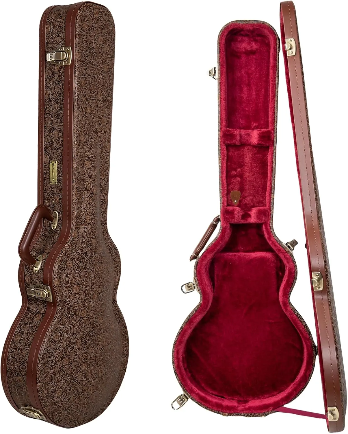 Crossrock Wooden Les Paul Guitar Case | Blossom Brown Finish, Burgundy Velvet Interior, Lock – Designer Series
