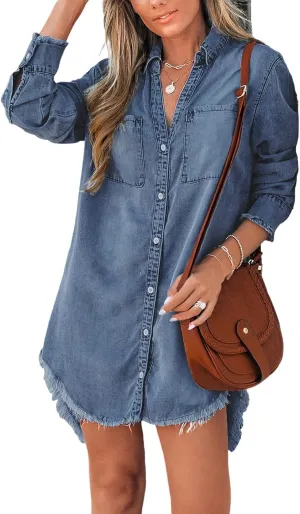 CUPSHE Womens Denim Shirt Dress Long Sleeve Button Down Casual Loose Jean Dresses with Pockets