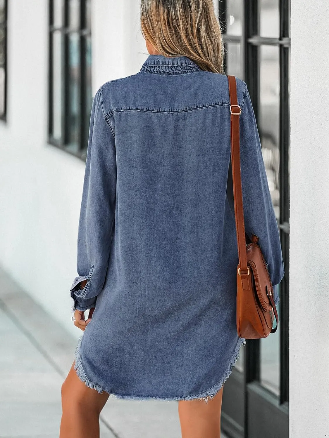 CUPSHE Womens Denim Shirt Dress Long Sleeve Button Down Casual Loose Jean Dresses with Pockets