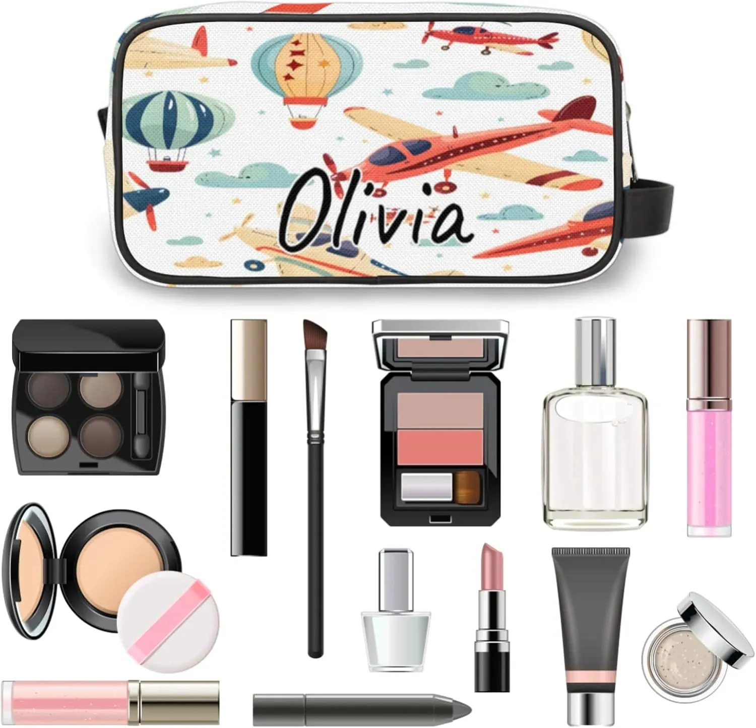 Custom Airplane Makeup Bag with Name Personalized Waterproof Toiletry Bag Customized Airplane Retro Cosmetic Bag for Women Men