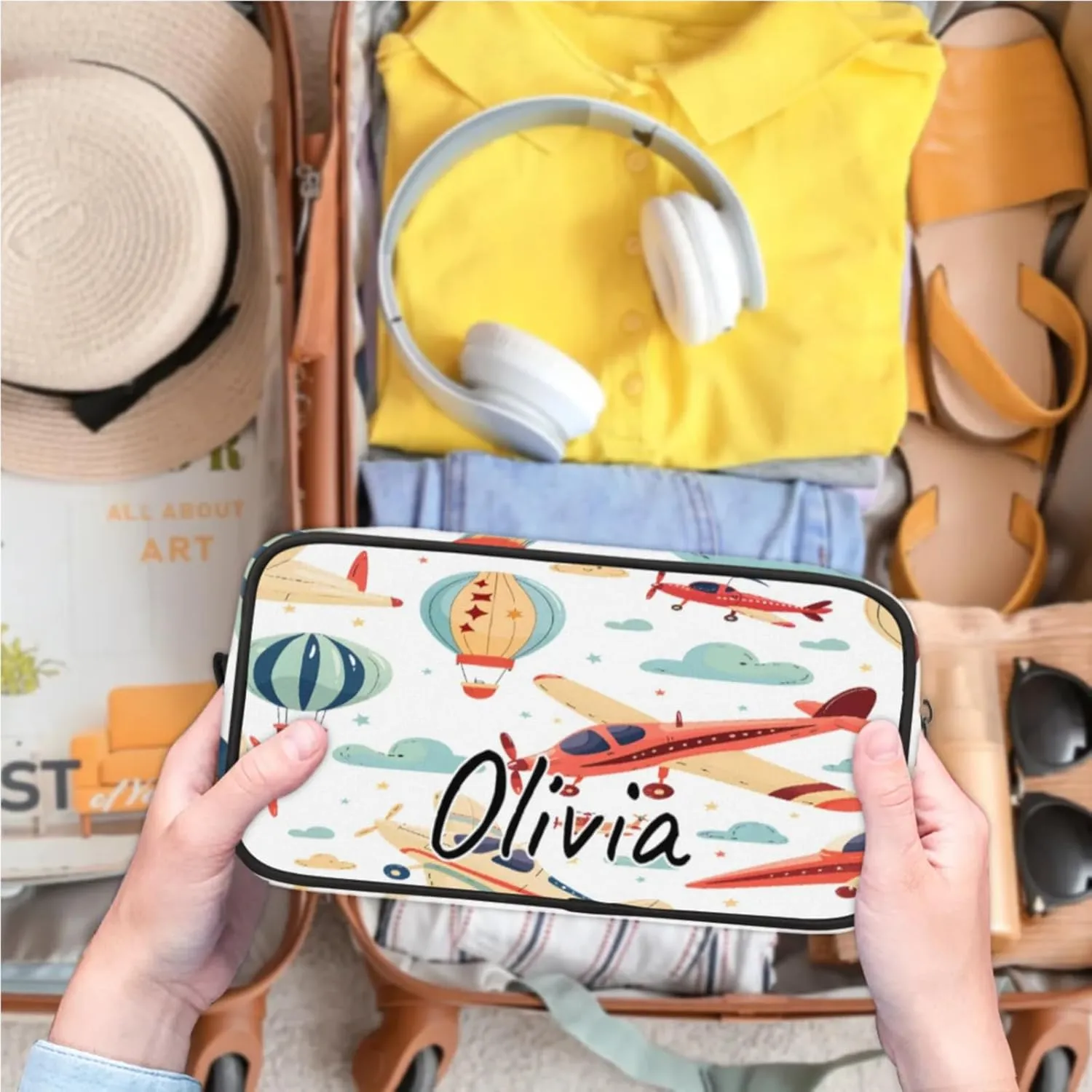 Custom Airplane Makeup Bag with Name Personalized Waterproof Toiletry Bag Customized Airplane Retro Cosmetic Bag for Women Men