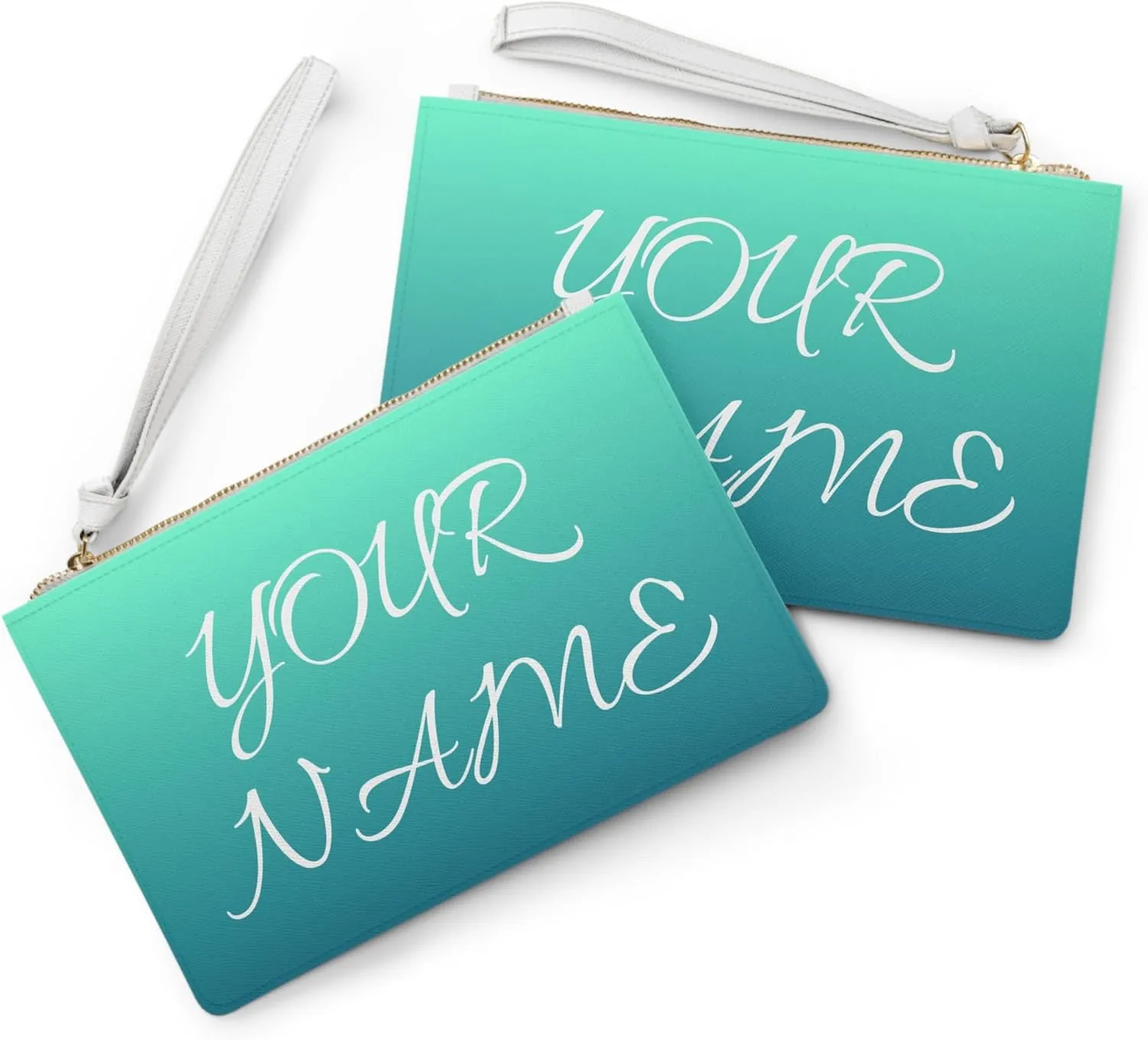 Custom Cosmetic Bags Personalized Clutch Bag PU Faux Leather Zipper Closure Wrist Strap Two Compartments Small Pocket Inside 9.5 x 6.6 Inch