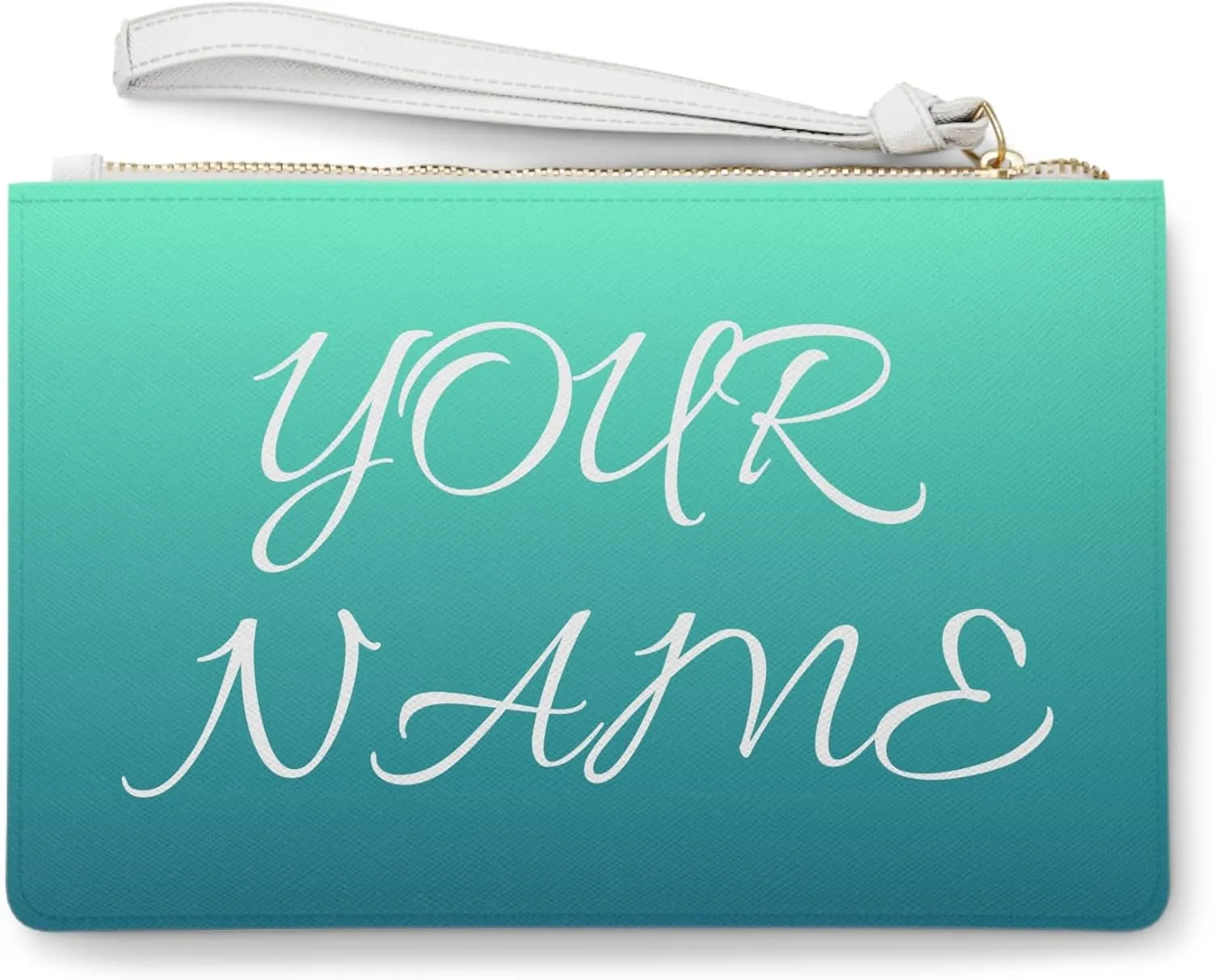 Custom Cosmetic Bags Personalized Clutch Bag PU Faux Leather Zipper Closure Wrist Strap Two Compartments Small Pocket Inside 9.5 x 6.6 Inch