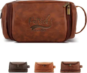 Customized Toiletry Bag Hanging Travel Organizer for Men, Personalized Large Capacity Bag Engraved Name Text, Custom Waterproof Leather Bathroom Dopp Shaving Kit Birthday Groomsmen Wedding Gift