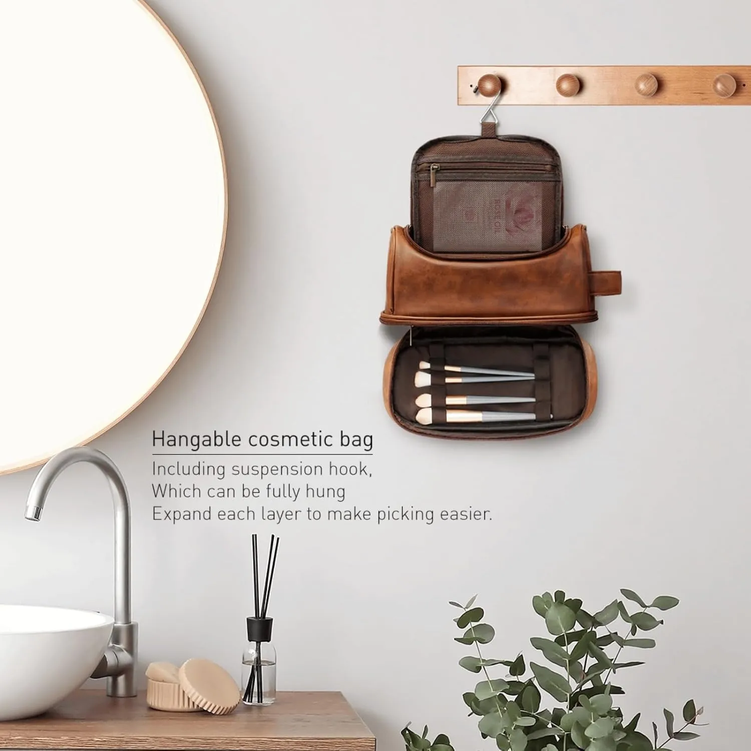 Customized Toiletry Bag Hanging Travel Organizer for Men, Personalized Large Capacity Bag Engraved Name Text, Custom Waterproof Leather Bathroom Dopp Shaving Kit Birthday Groomsmen Wedding Gift