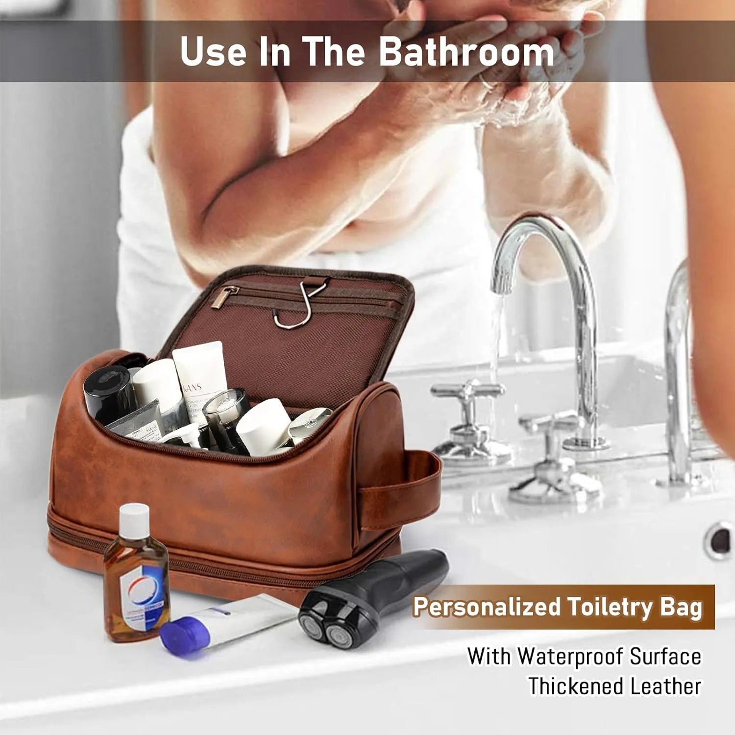 Customized Toiletry Bag Hanging Travel Organizer for Men, Personalized Large Capacity Bag Engraved Name Text, Custom Waterproof Leather Bathroom Dopp Shaving Kit Birthday Groomsmen Wedding Gift